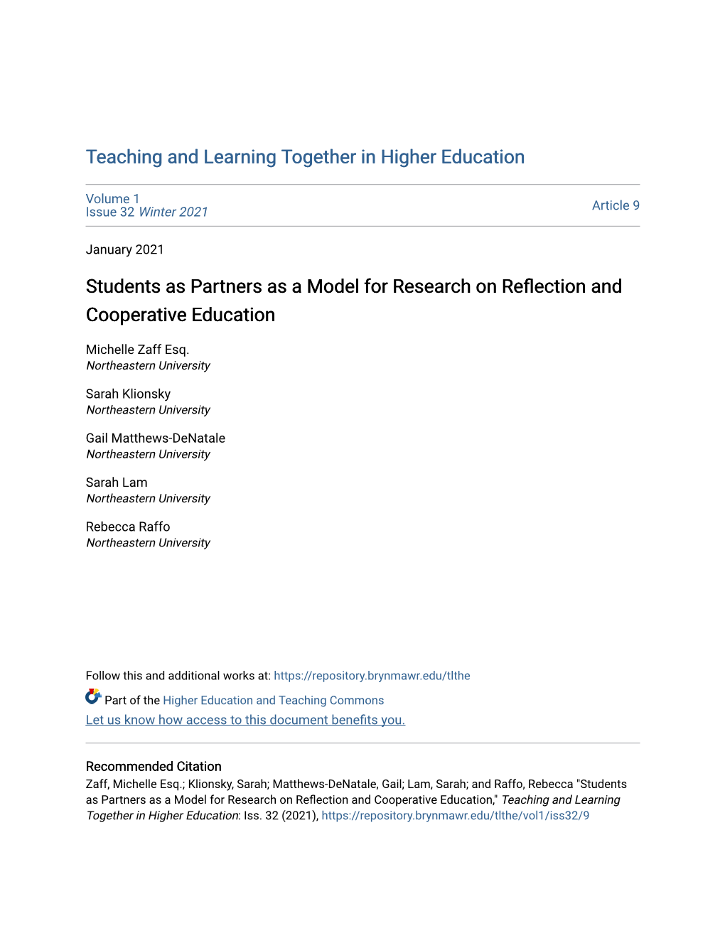 Students As Partners As a Model for Research on Reflection and Cooperative Education