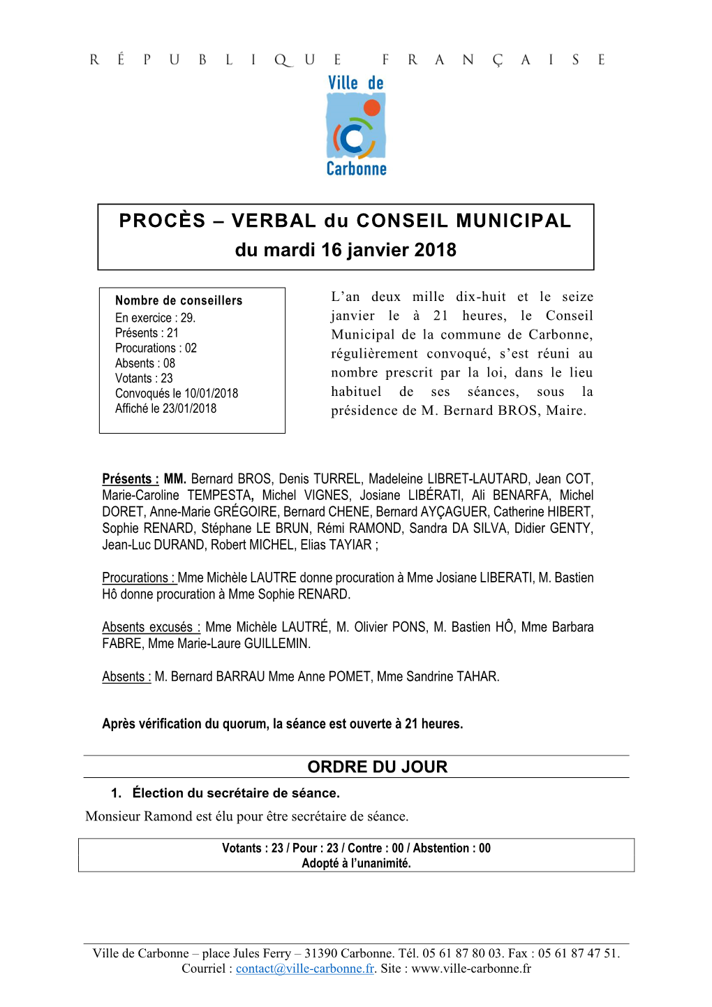 VERBAL Du CONSEIL MUNICIPAL Du Mardi 16