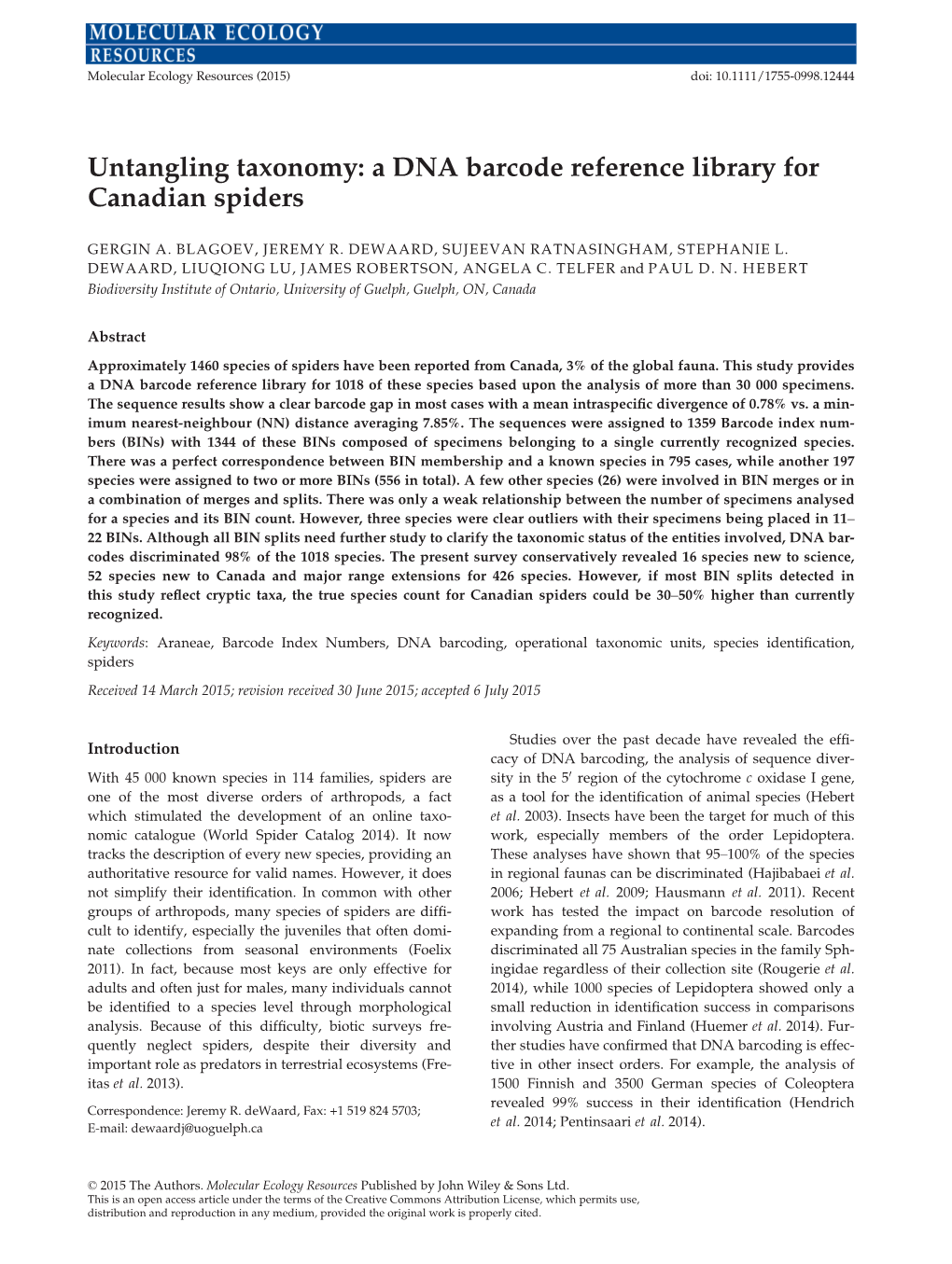 A DNA Barcode Reference Library for Canadian Spiders