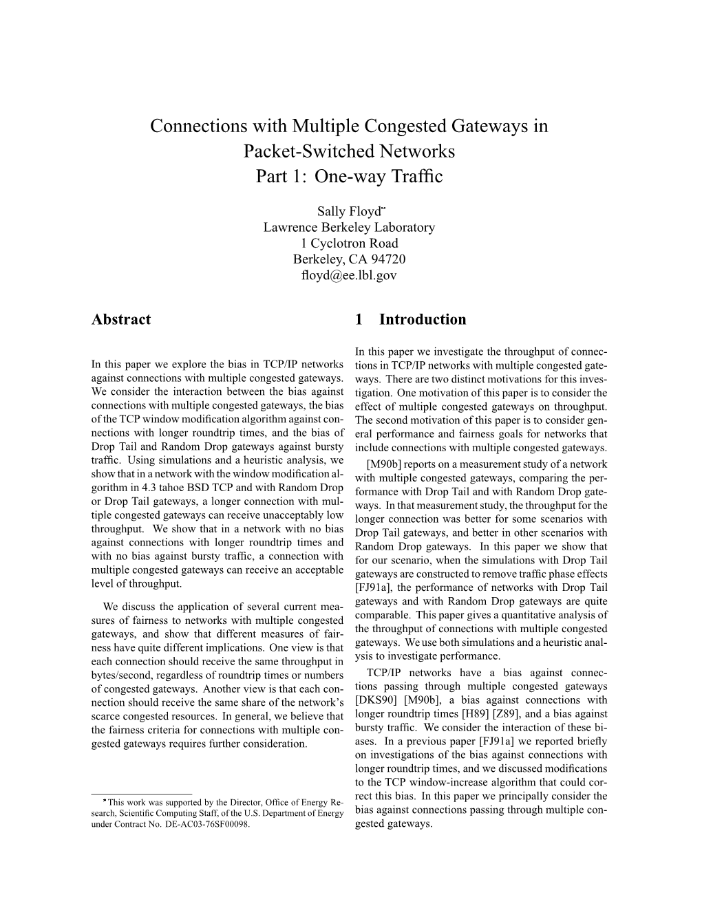 Connections with Multiple Congested Gateways in Packet-Switched Networks Part 1: One-Way Traf®C