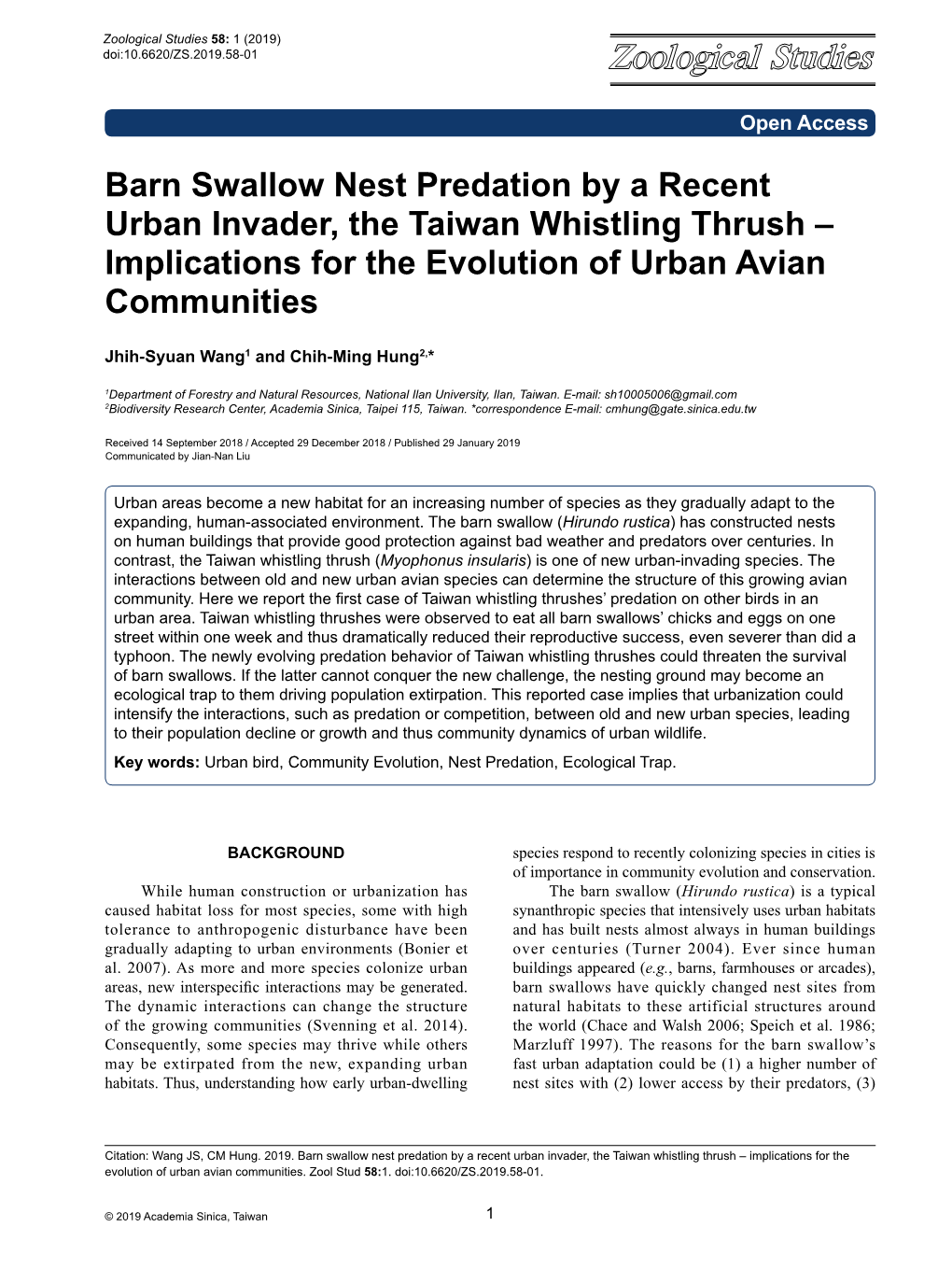 Barn Swallow Nest Predation by a Recent Urban Invader, the Taiwan Whistling Thrush – Implications for the Evolution of Urban Avian Communities