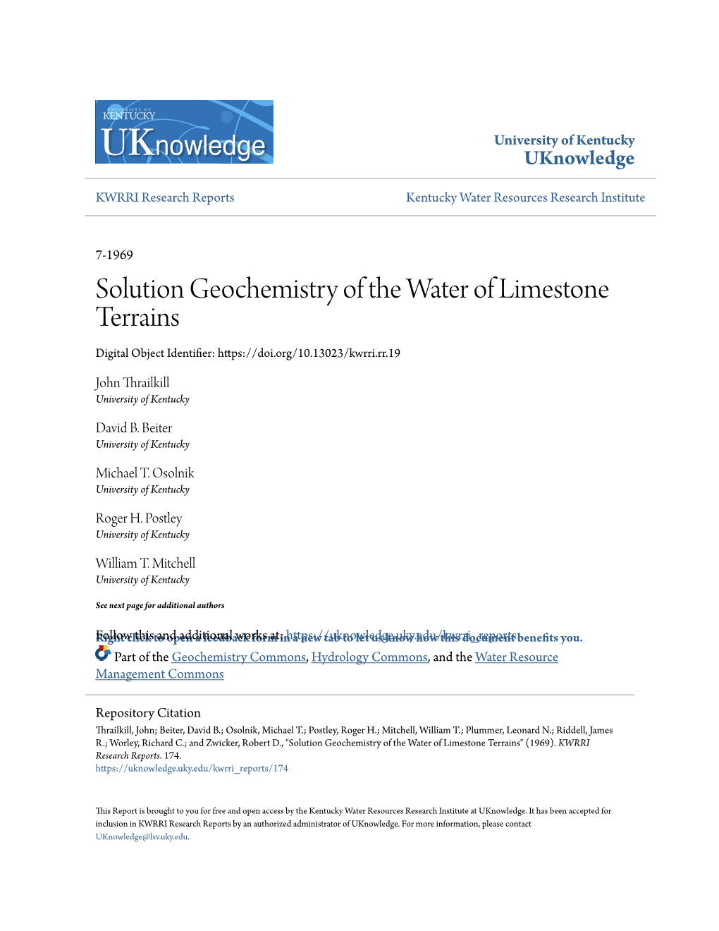 Solution Geochemistry of the Water of Limestone Terrains Digital Object Identifier