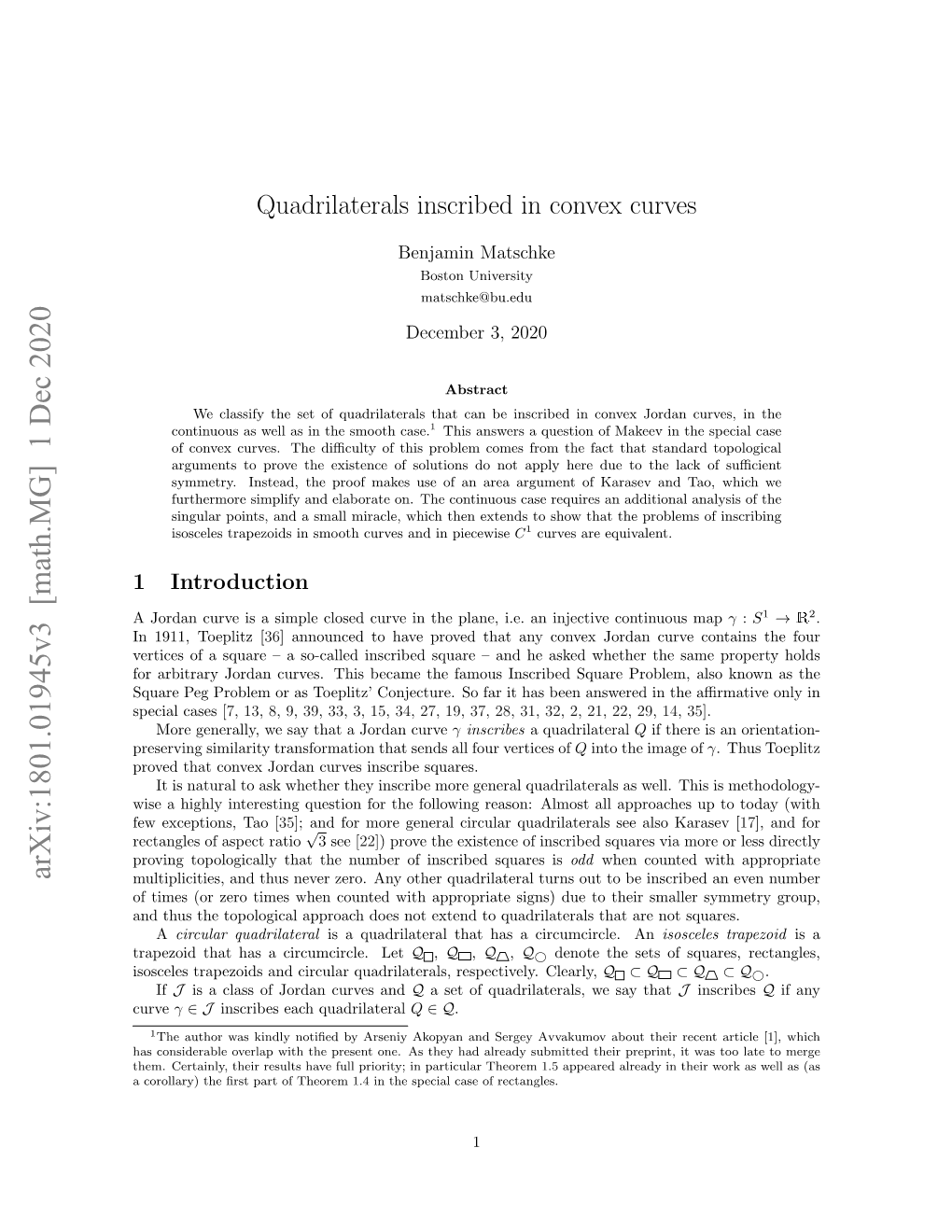 Quadrilaterals Inscribed in Convex Curves