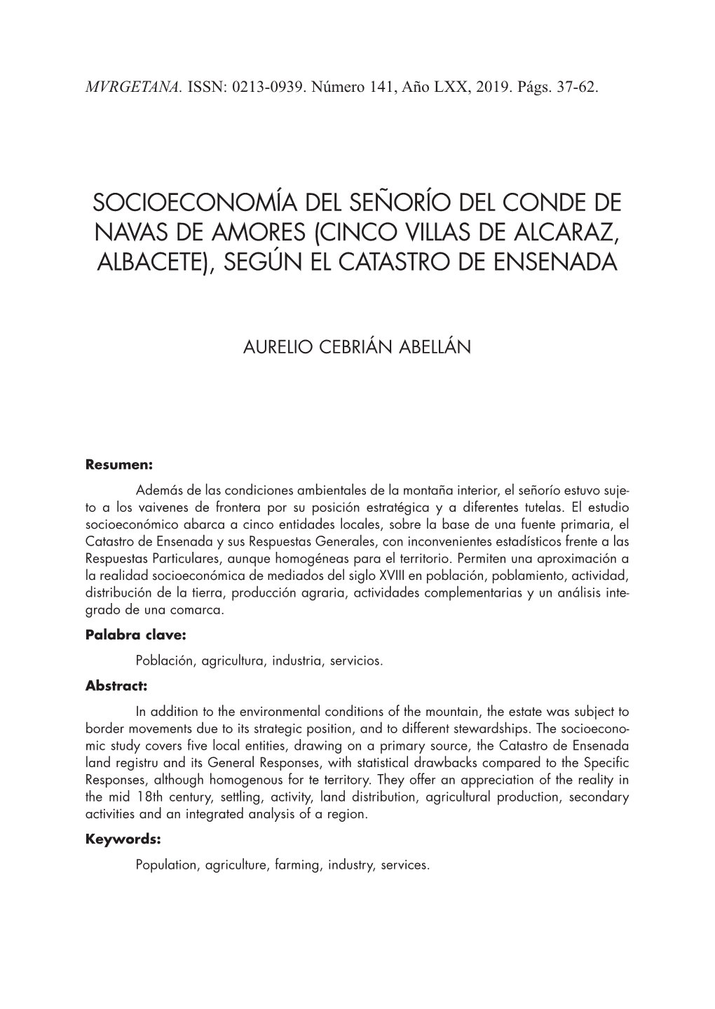 Socioeconomía Del Señorío Del Conde De Navas De Amores (Cinco Villas De Alcaraz, Albacete), Según El Catastro De Ensenada