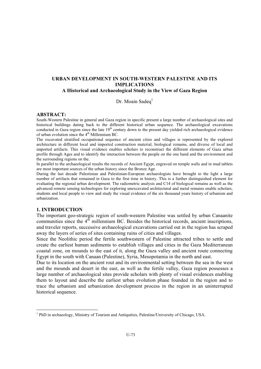 URBAN DEVELOPMENT in SOUTH-WESTERN PALESTINE and ITS IMPLICATIONS a Historical and Archaeological Study in the View of Gaza Region