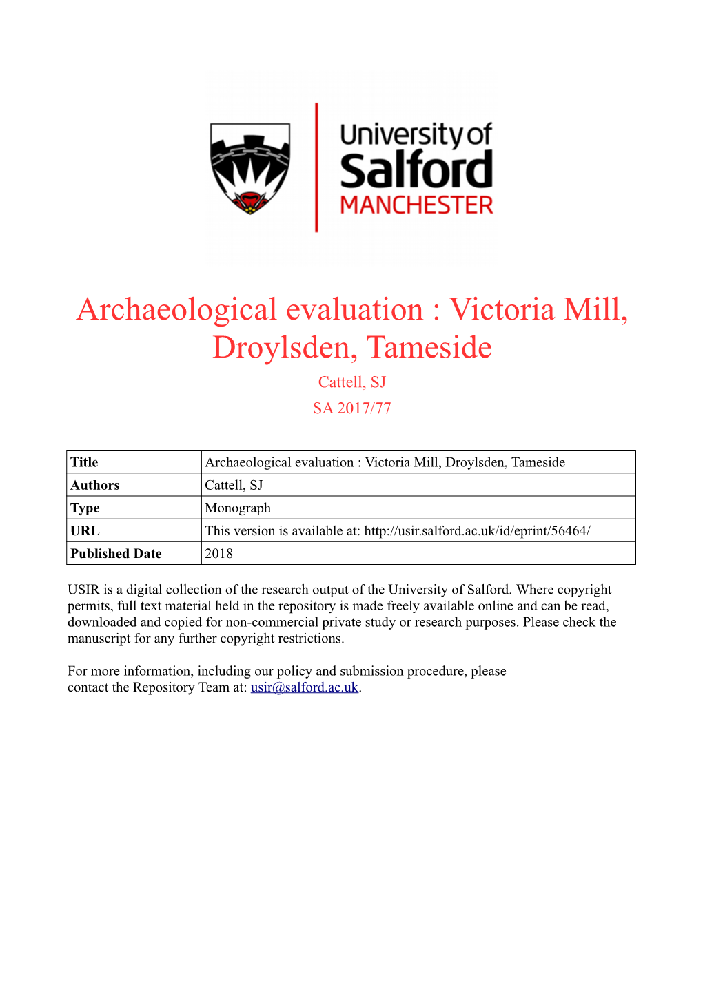 Victoria Mill, Droylsden Archaeological Evaluation