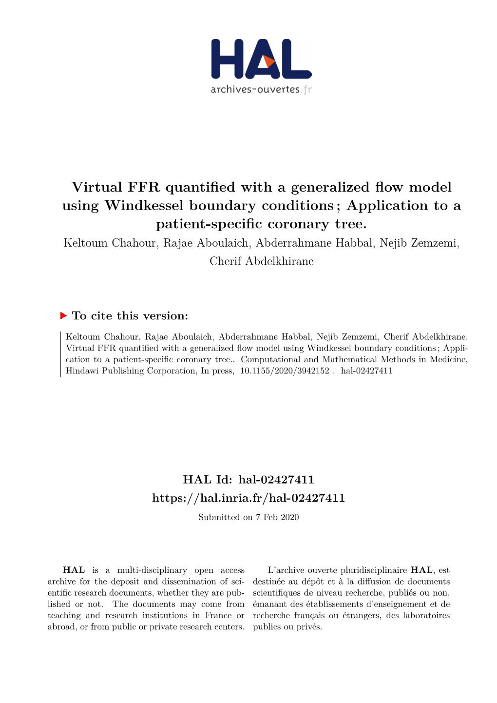 Virtual FFR Quantified with a Generalized Flow Model Using Windkessel Boundary Conditions ; Application to a Patient-Specific Coronary Tree