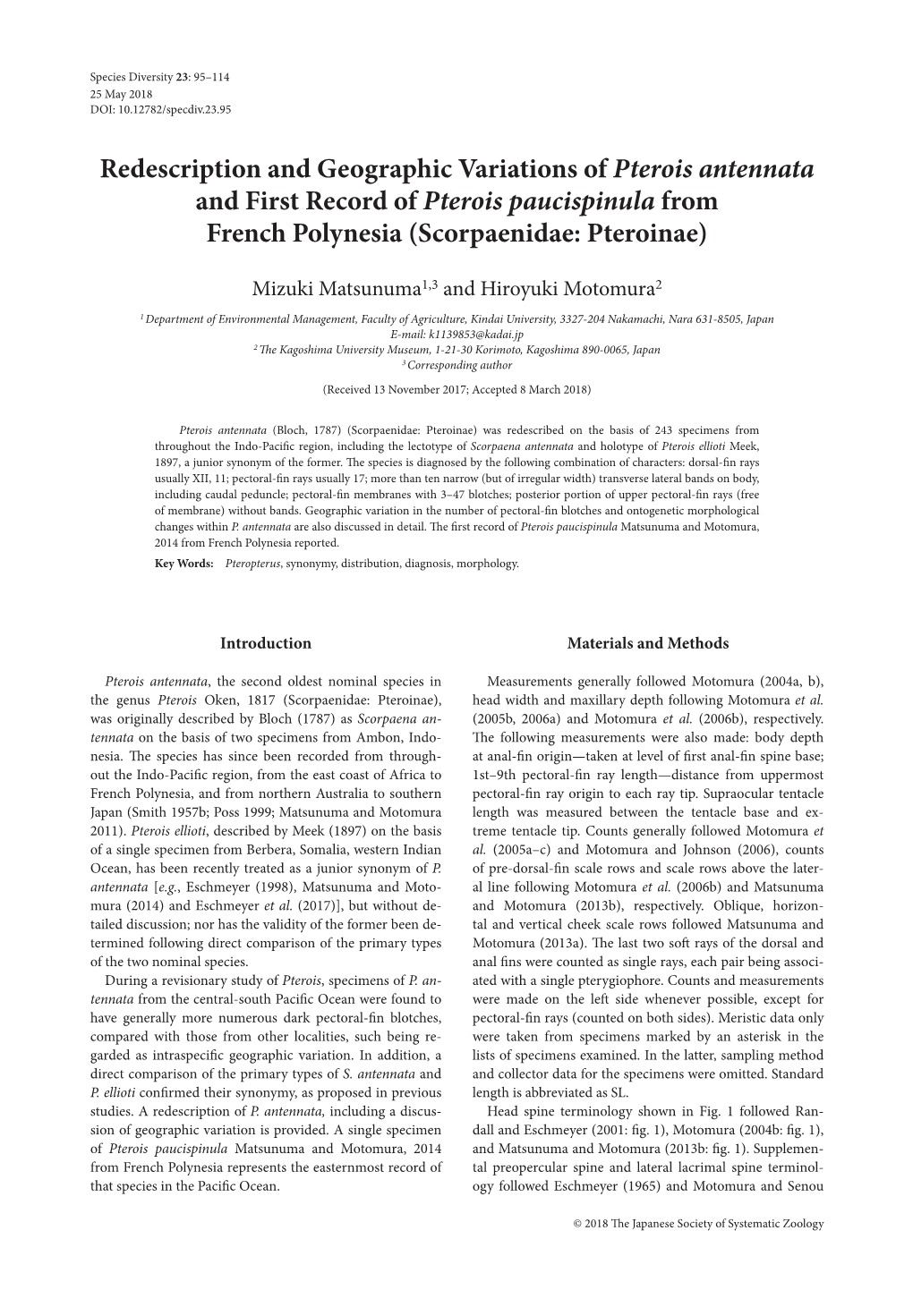 Redescription and Geographic Variations of Pterois Antennata and First Record of Pterois Paucispinula from French Polynesia (Scorpaenidae: Pteroinae)