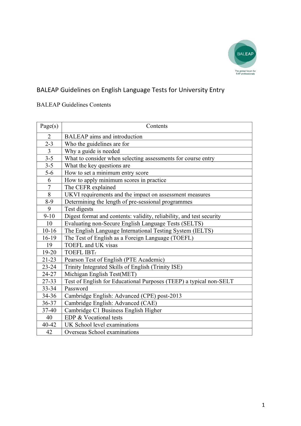 BALEAP Guidelines on English Language Tests for University Entry