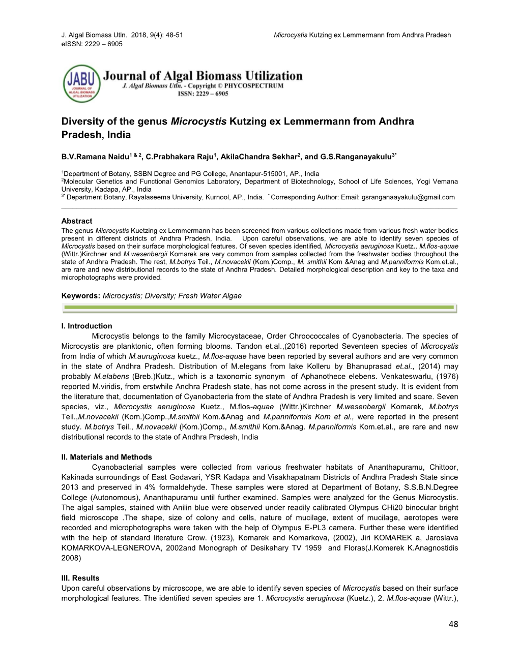 Diversity of the Genus Microcystis Kutzing Ex Lemmermann from Andhra Pradesh, India