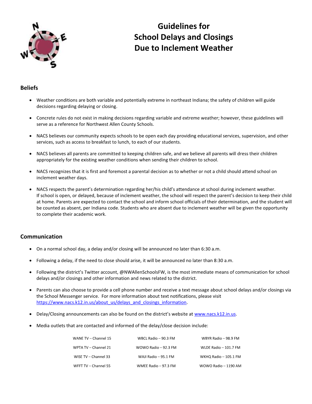 Guidelines for School Delays and Closings Due to Inclement Weather