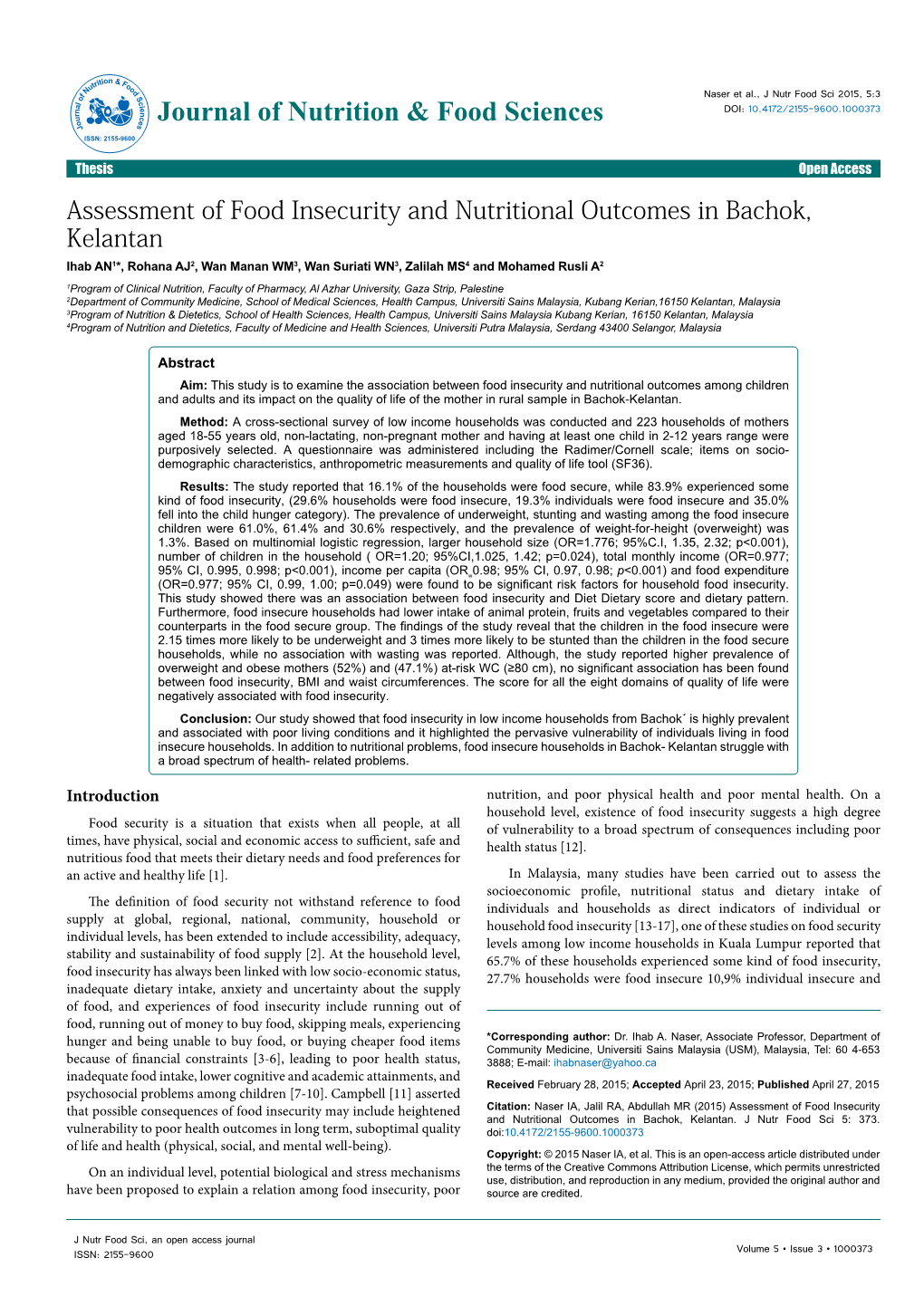 Assessment of Food Insecurity and Nutritional Outcomes in Bachok