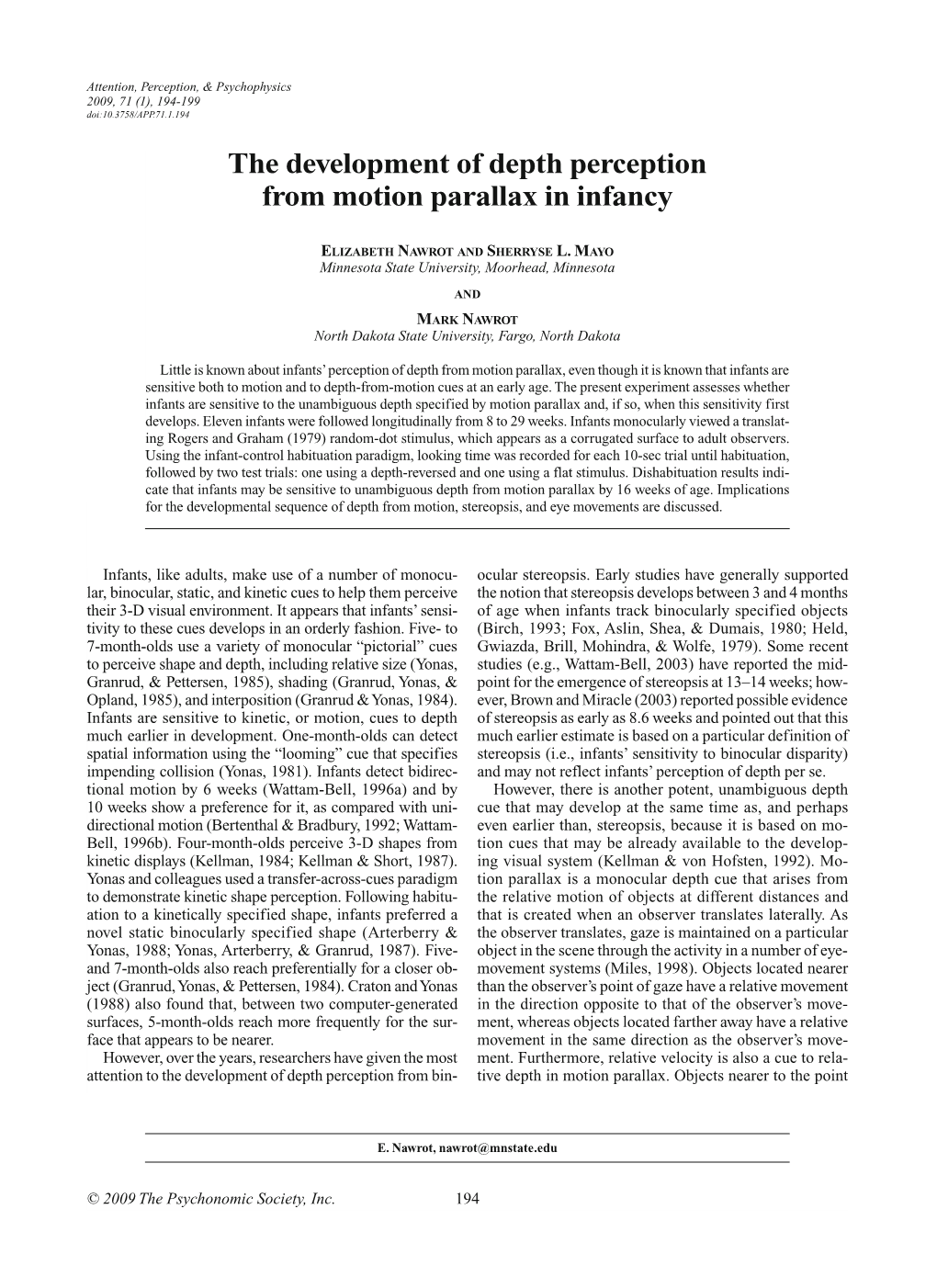 The Development of Depth Perception from Motion Parallax in Infancy