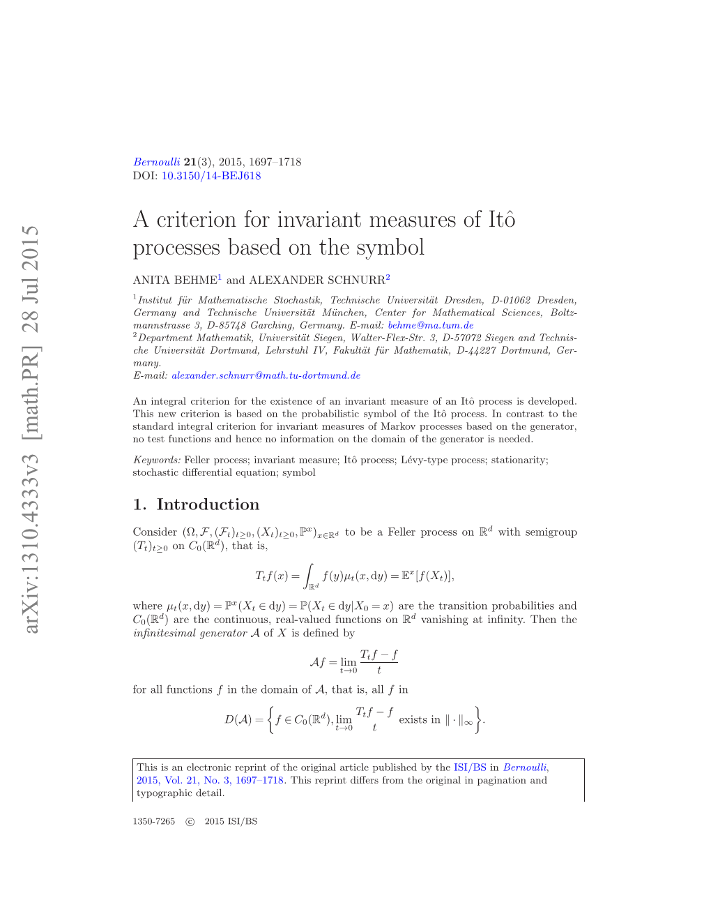 A Criterion for Invariant Measures of Itô Processes Based on the Symbol