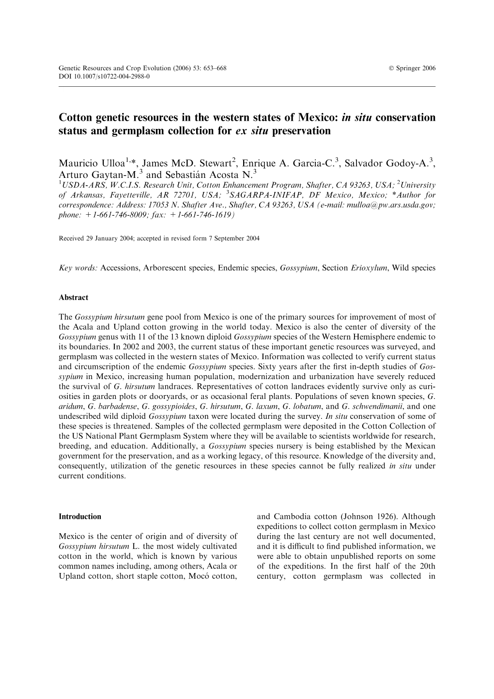 Cotton Genetic Resources in the Western States of Mexico: in Situ Conservation Status and Germplasm Collection for Ex Situ Preservation