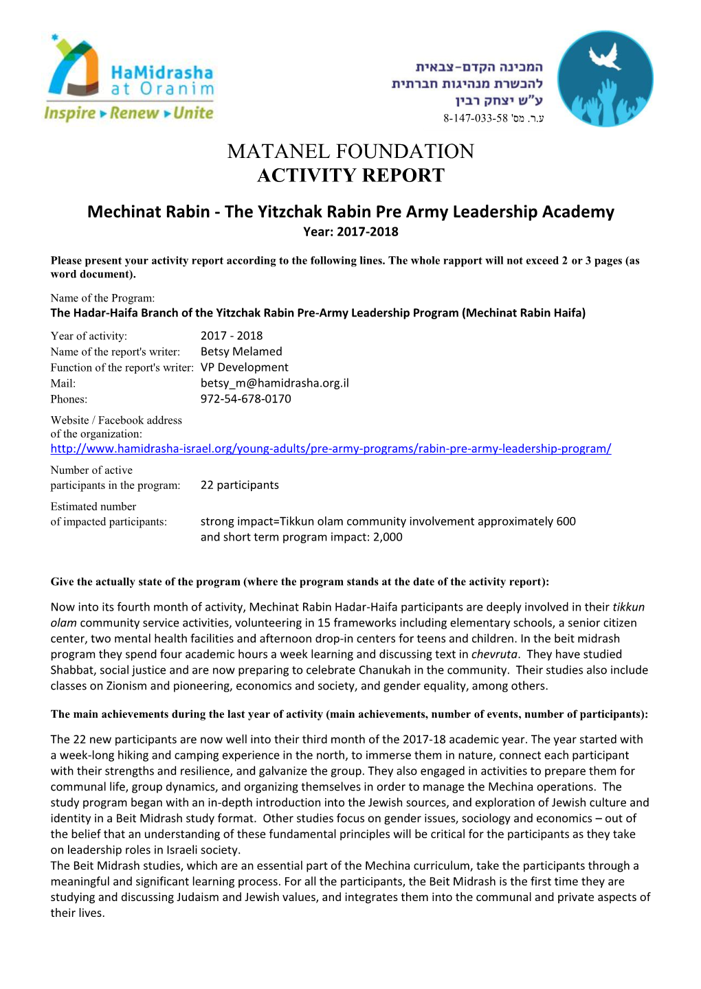 Matanel Foundation Activity Report