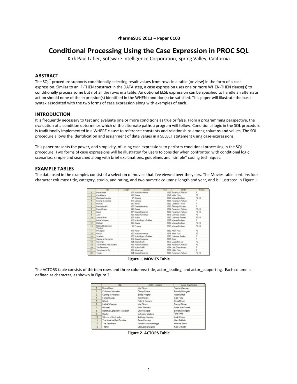 Conditional Processing Using the Case Expression in PROC SQL Kirk Paul Lafler, Software Intelligence Corporation, Spring Valley, California