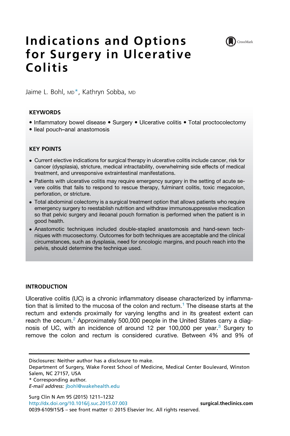 Indications and Options for Surgery in Ulcerative Colitis