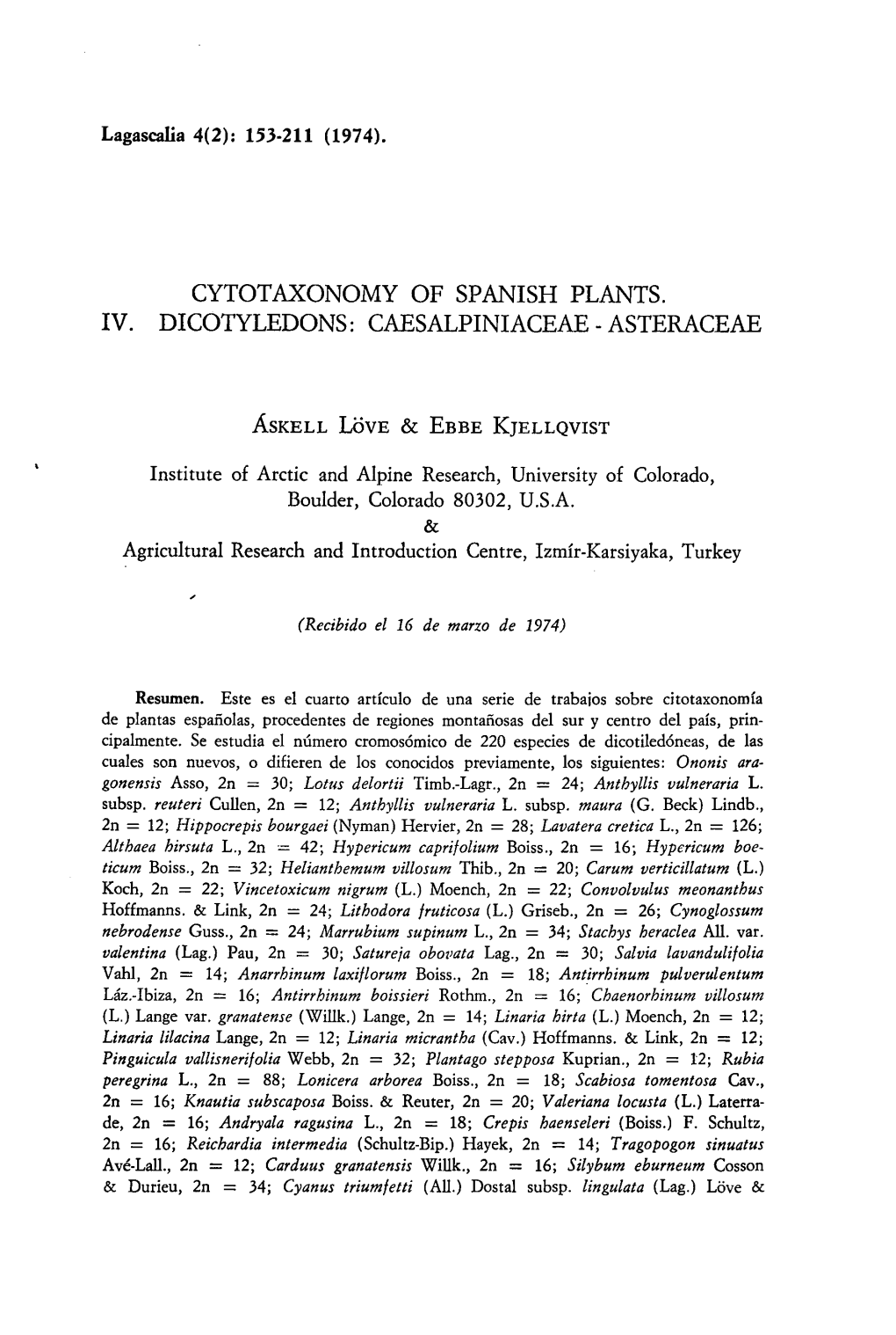 Cytotaxonomy of Spanish Plants. Iv. Dicotyledons: Caesalpiniaceae - Asteraceae