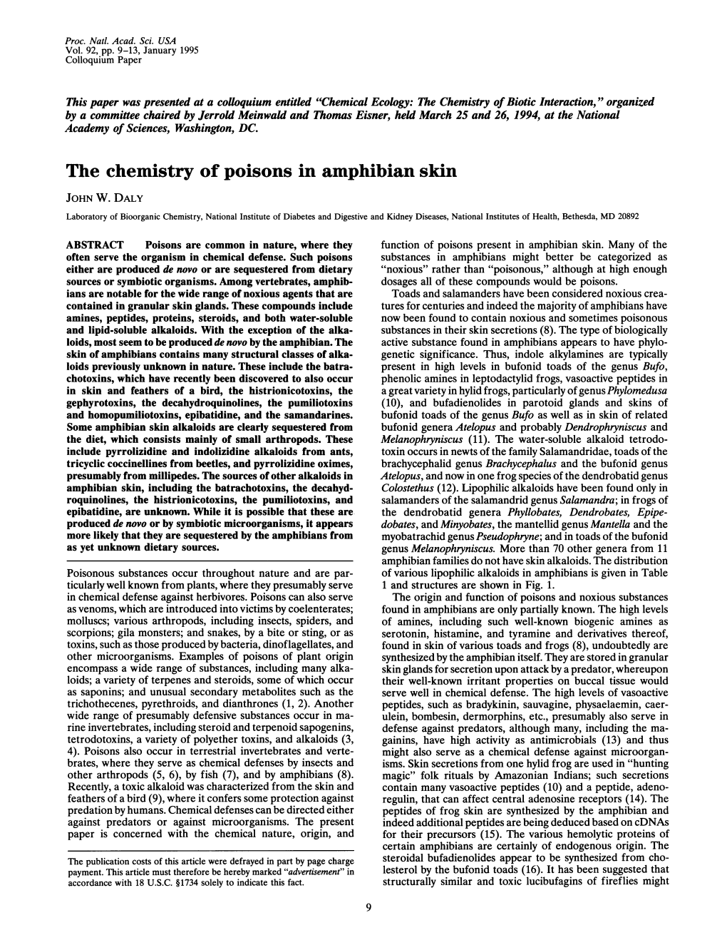 The Chemistry of Poisons in Amphibian Skin JOHN W