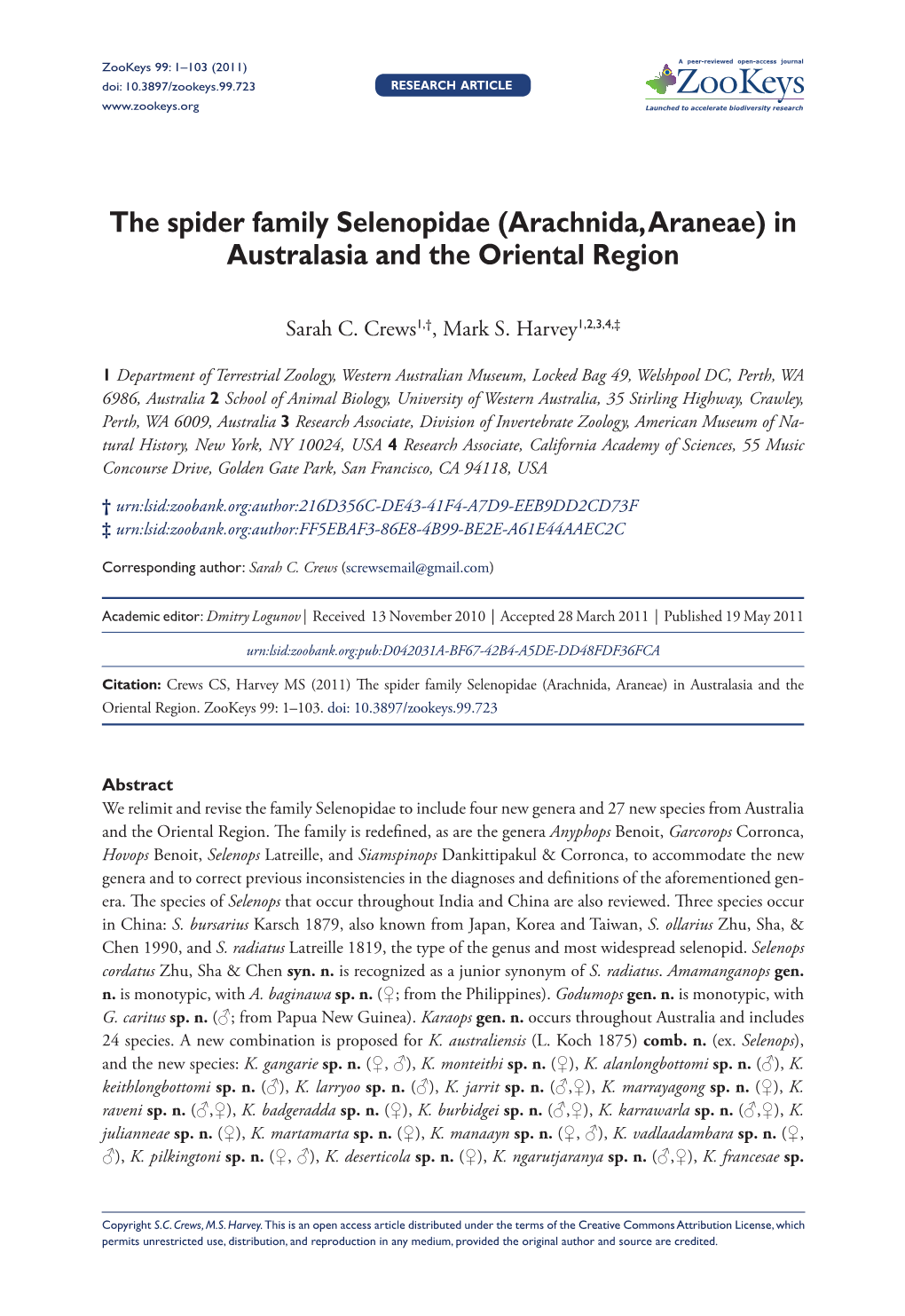 The Spider Family Selenopidae (Arachnida, Araneae) in Australasia and the Oriental Region