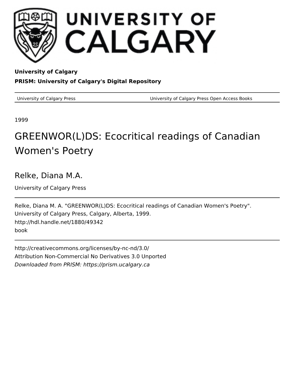 GREENWOR(L)DS: Ecocritical Readings of Canadian Women's Poetry