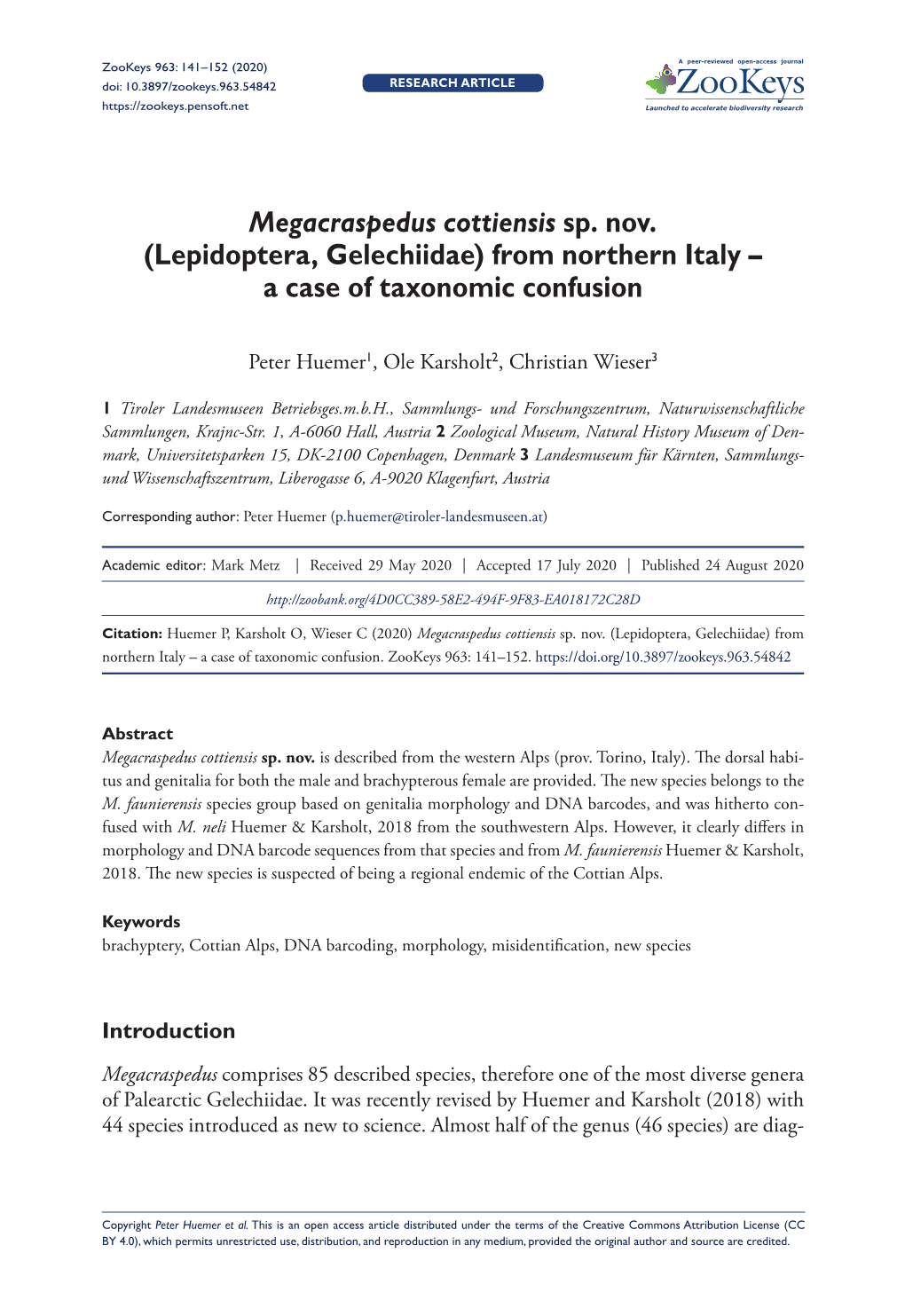 Megacraspedus Cottiensis Sp. Nov. (Lepidoptera, Gelechiidae) from Northern Italy – a Case of Taxonomic Confusion