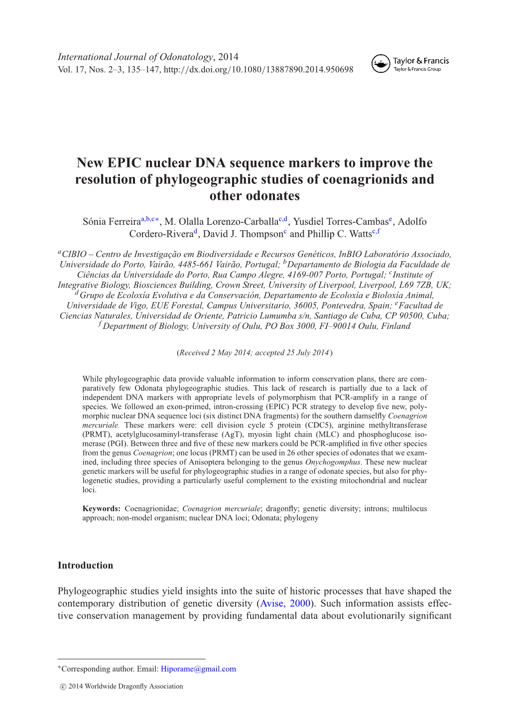 New EPIC Nuclear DNA Sequence Markers to Improve the Resolution of Phylogeographic Studies of Coenagrionids and Other Odonates