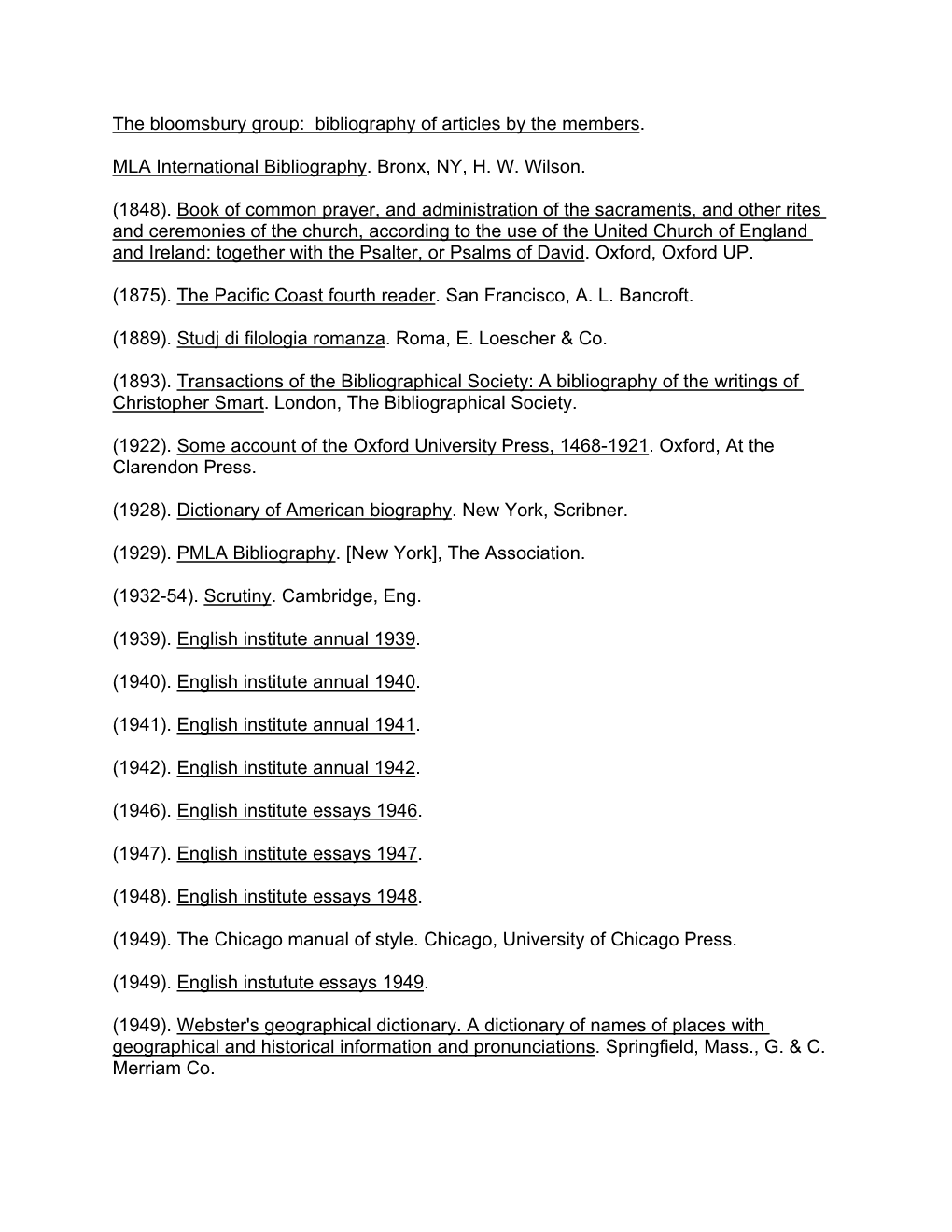 The Bloomsbury Group: Bibliography of Articles by the Members. MLA International Bibliography. Bronx, NY, H. W. Wilson. (1848)