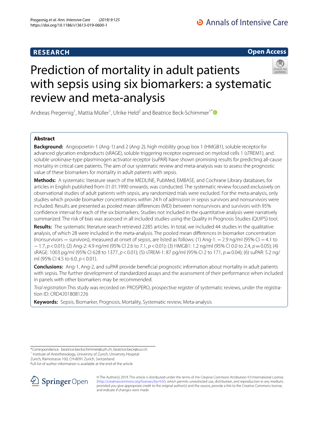 Prediction of Mortality in Adult Patients with Sepsis Using Six Biomarkers