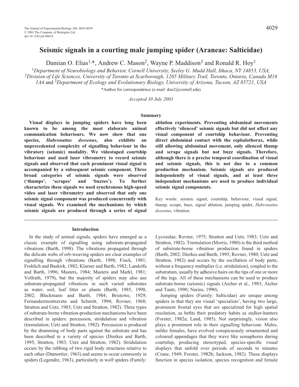 Seismic Signals in a Courting Male Jumping Spider (Araneae: Salticidae) Damian O