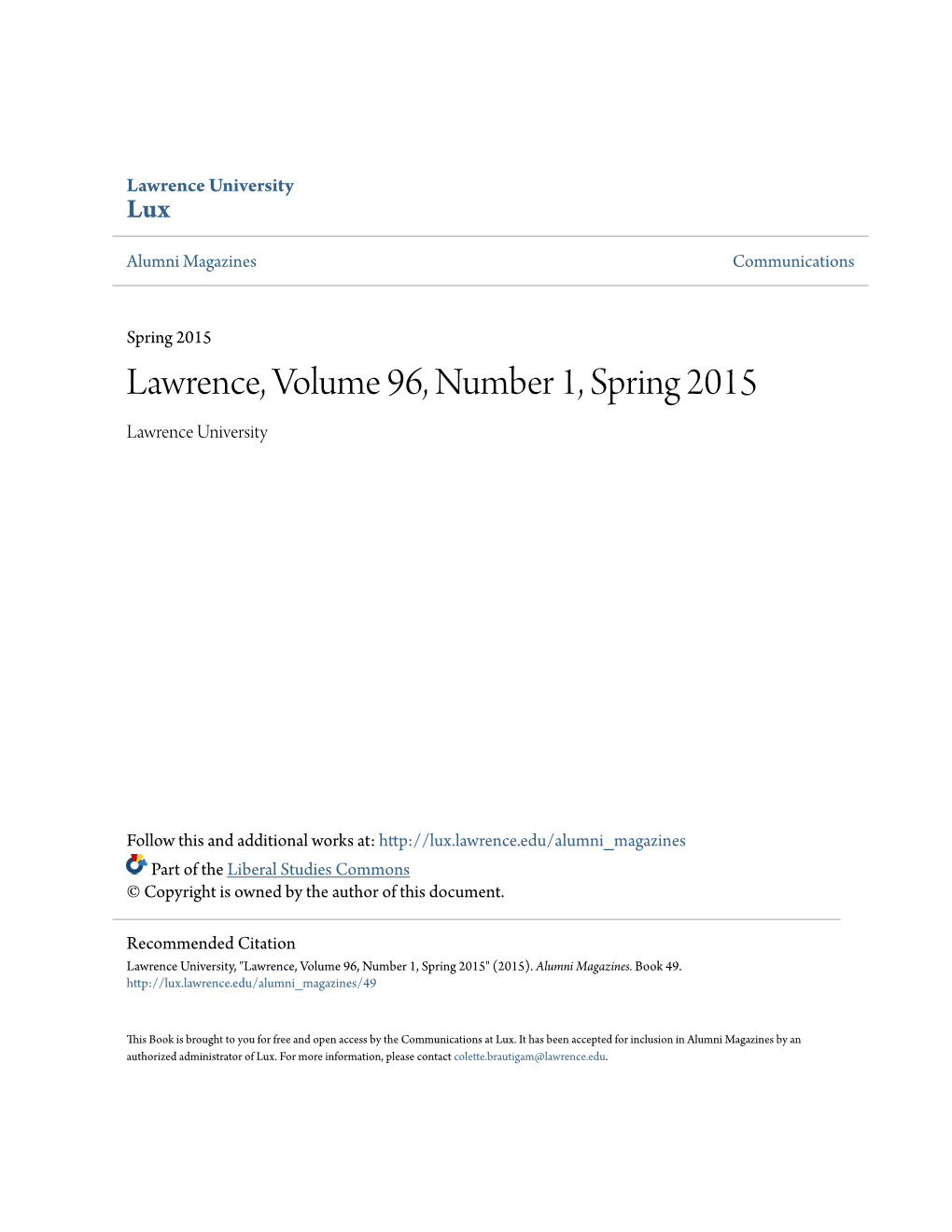 Lawrence, Volume 96, Number 1, Spring 2015 Lawrence University