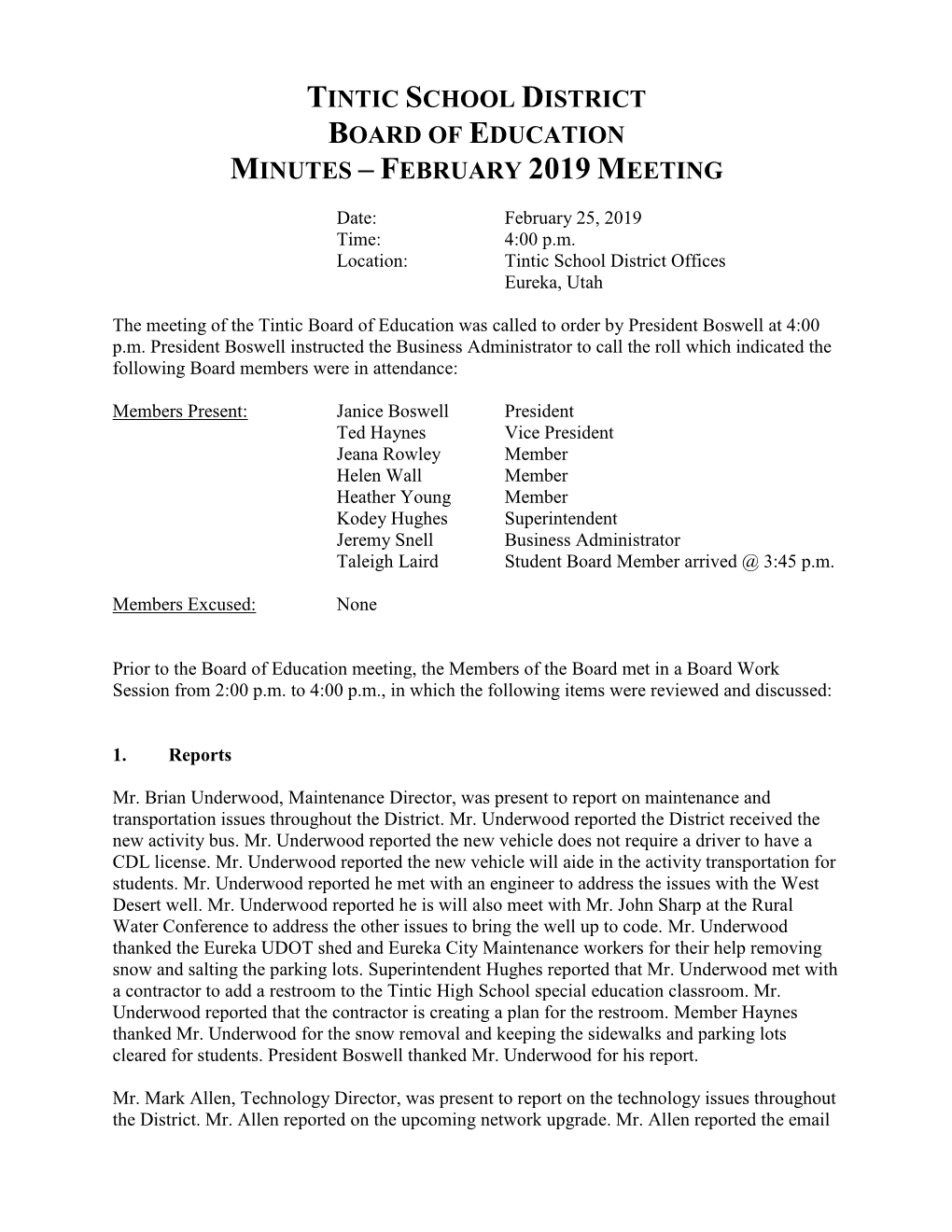 Tintic School District Board of Education Minutes – February 2019 Meeting