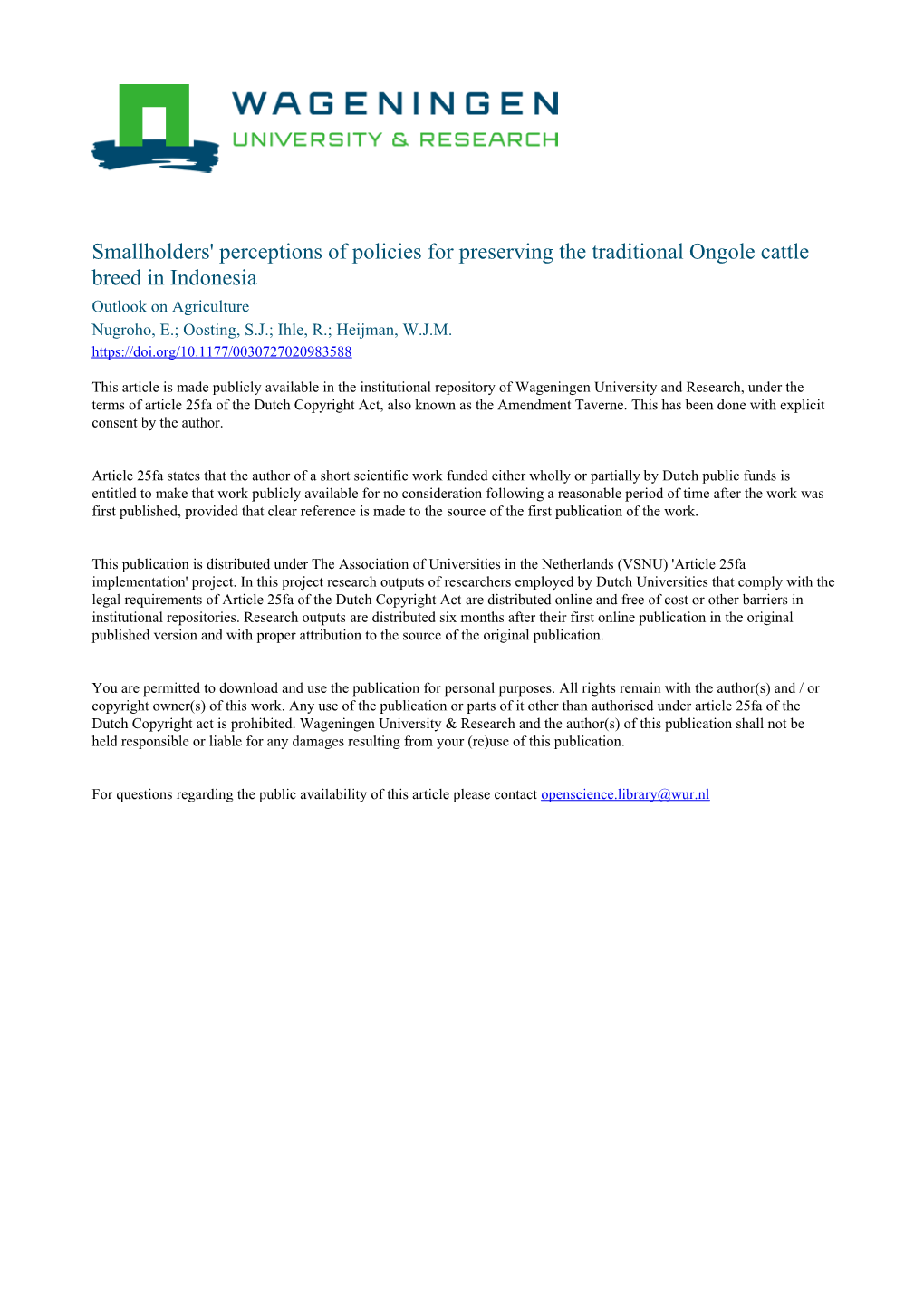 Smallholders' Perceptions of Policies for Preserving the Traditional Ongole