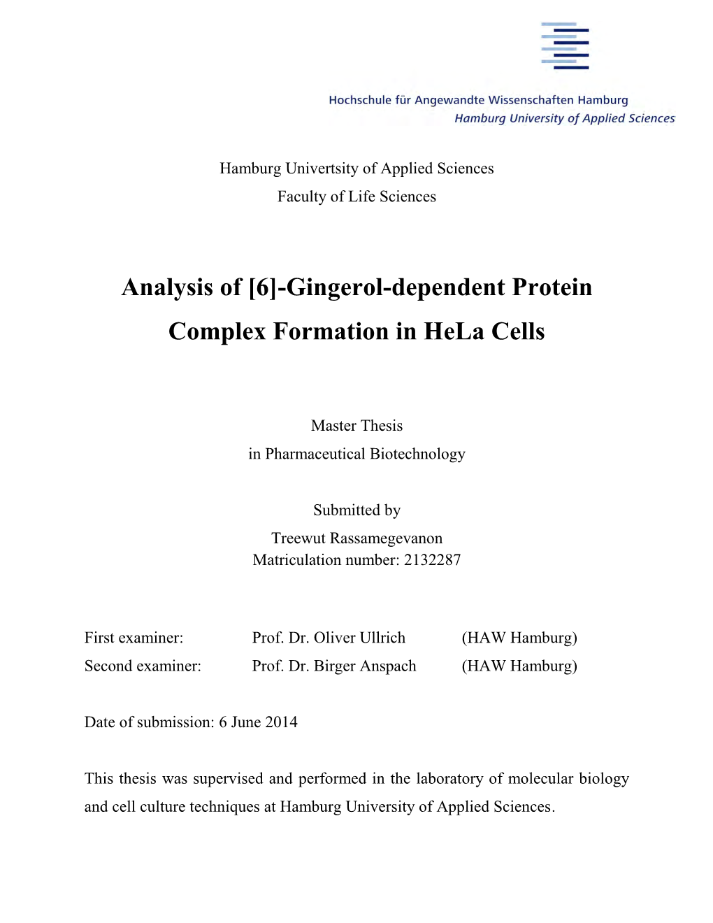 Gingerol-Dependent Protein Complex Formation in Hela Cells