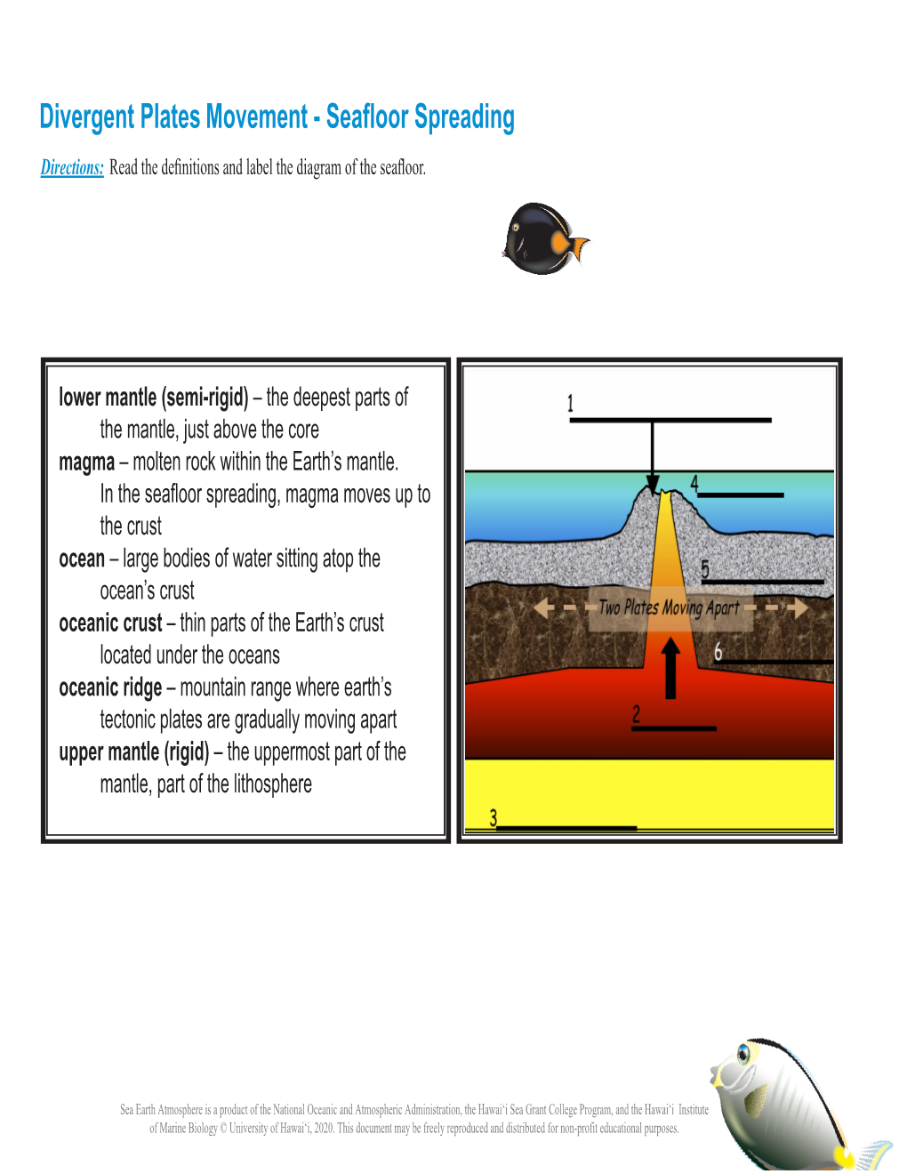 Divergent Plates Movement - Seafloor Spreading Directions: Read the Defnitions and Label the Diagram of the Seafoor