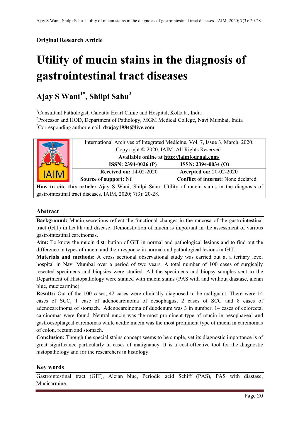 Utility of Mucin Stains in the Diagnosis of Gastrointestinal Tract Diseases