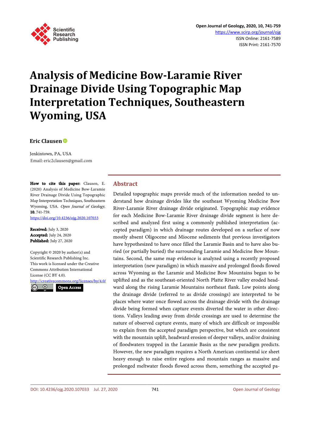 Analysis of Medicine Bow-Laramie River Drainage Divide Using Topographic Map Interpretation Techniques, Southeastern Wyoming, USA