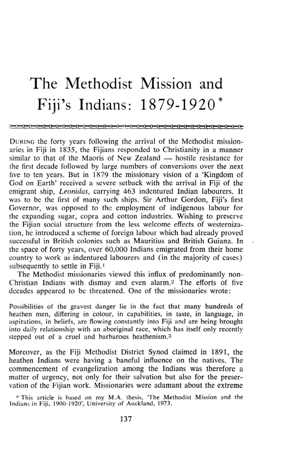 The Methodist Mission and Fiji's Indians: 1879-1920*