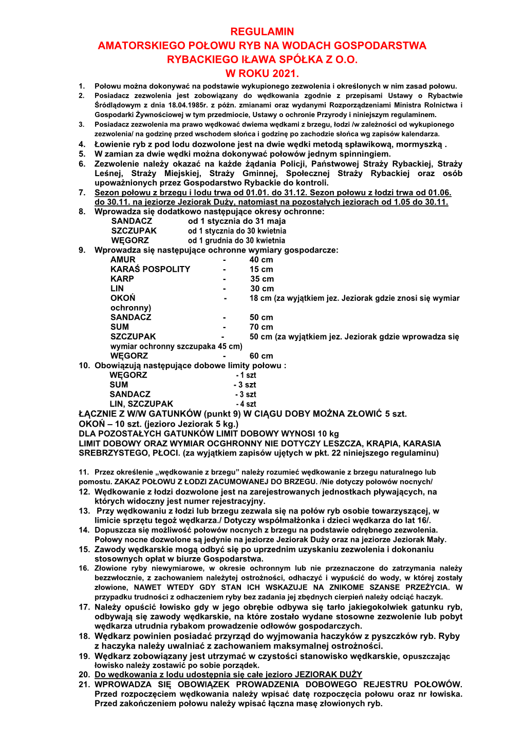 Regulamin Amatorskiego Połowu Ryb Na Wodach Gospodarstwa Rybackiego Iława Spółka Z O.O. W Roku 2021. 1