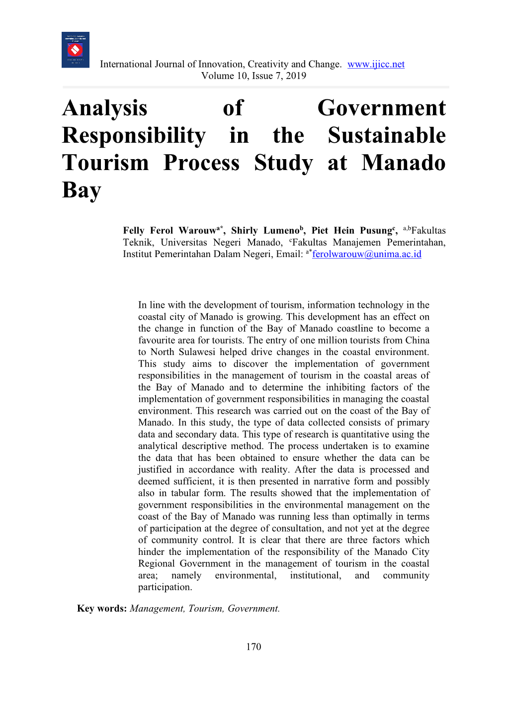 Analysis of Government Responsibility in the Sustainable Tourism Process Study at Manado Bay