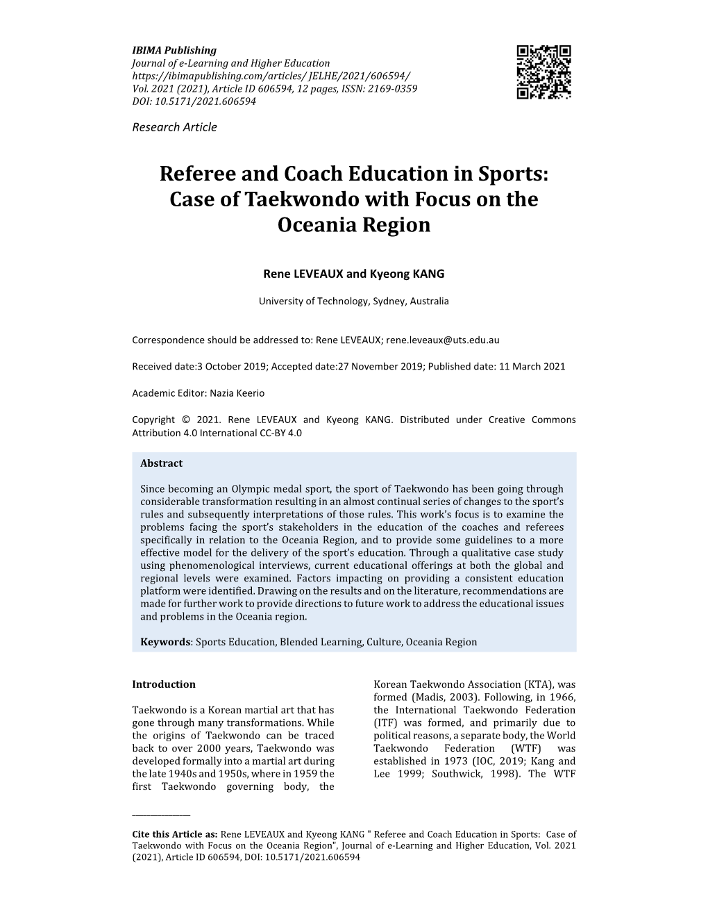 Referee and Coach Education in Sports: Case of Taekwondo with Focus on the Oceania Region