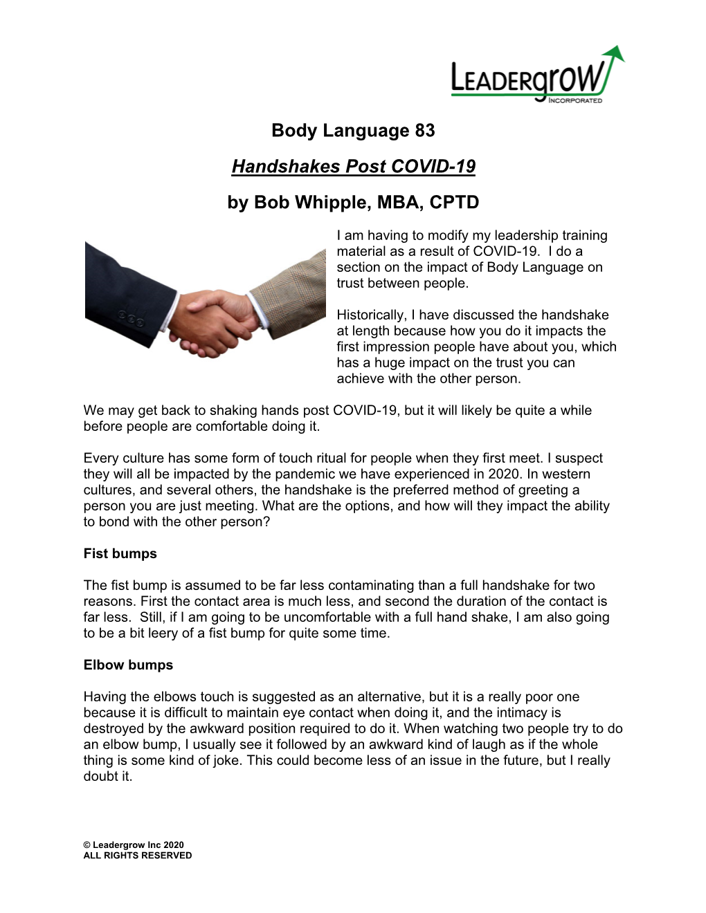 Body Language 83 Handshakes Post COVID-19 by Bob Whipple, MBA