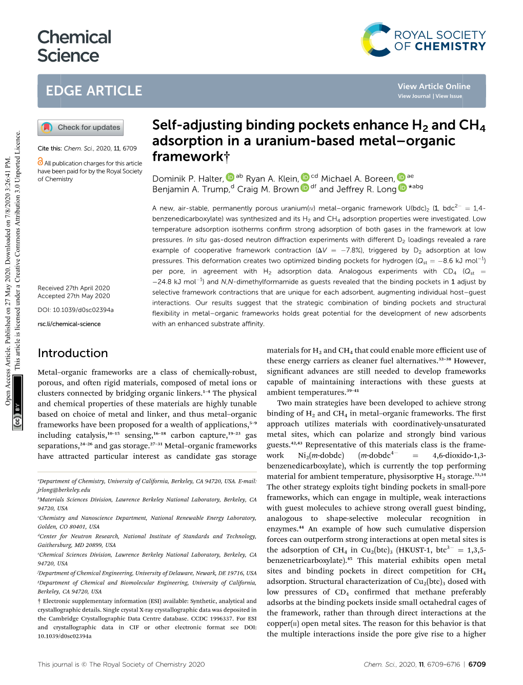 Self-Adjusting Binding Pockets Enhance H2 and CH4 Adsorption in a Uranium-Based Metal–Organic Cite This: Chem