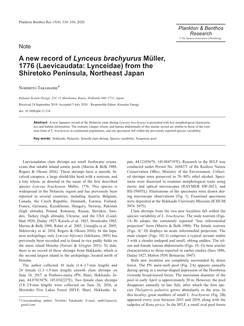 A New Record of Lynceus Brachyurus Müller, 1776 (Laevicaudata: Lynceidae) from the Shiretoko Peninsula, Northeast Japan