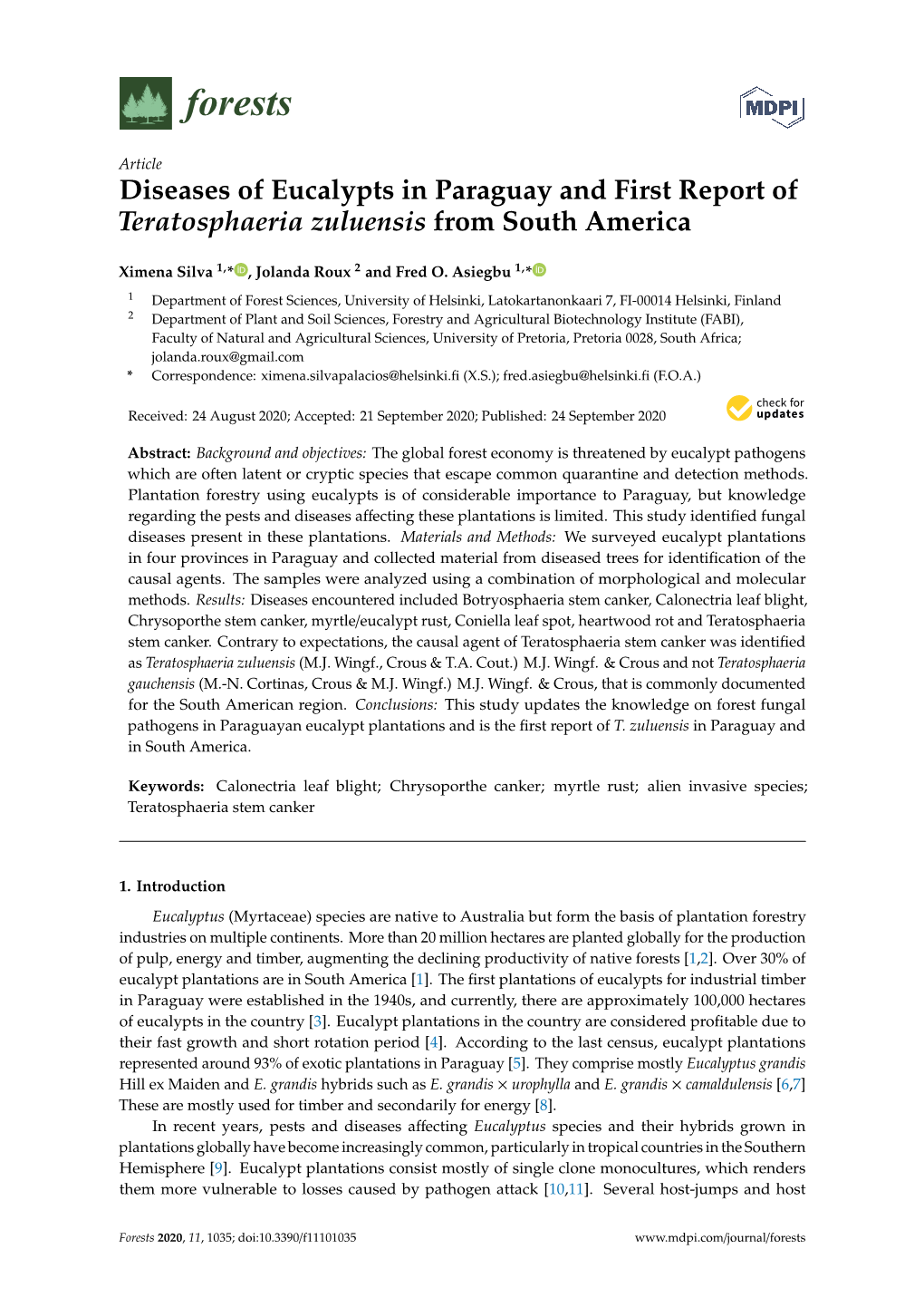 Diseases of Eucalypts in Paraguay and First Report of Teratosphaeria Zuluensis from South America