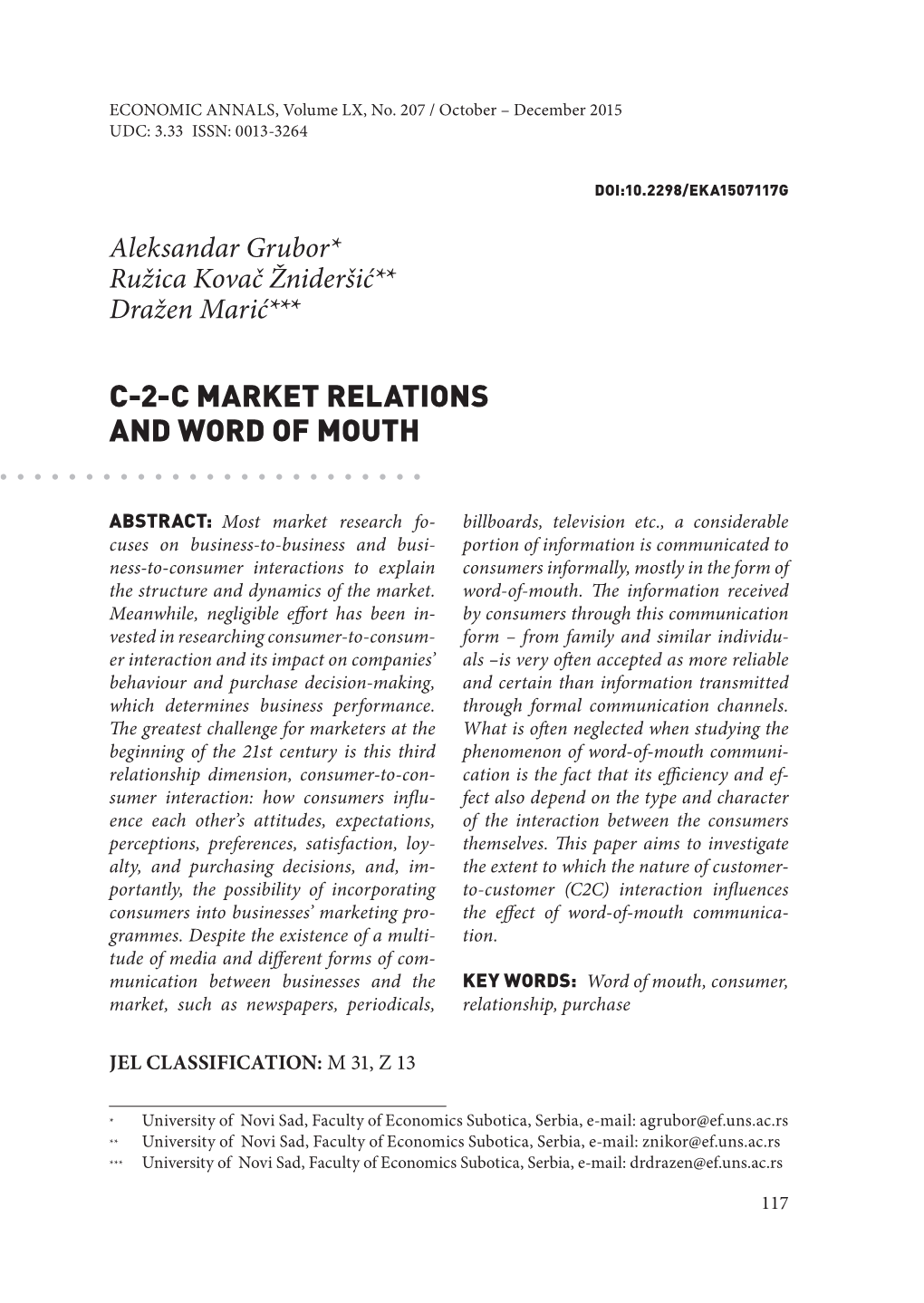 C-2-C Market Relations and Word of Mouth