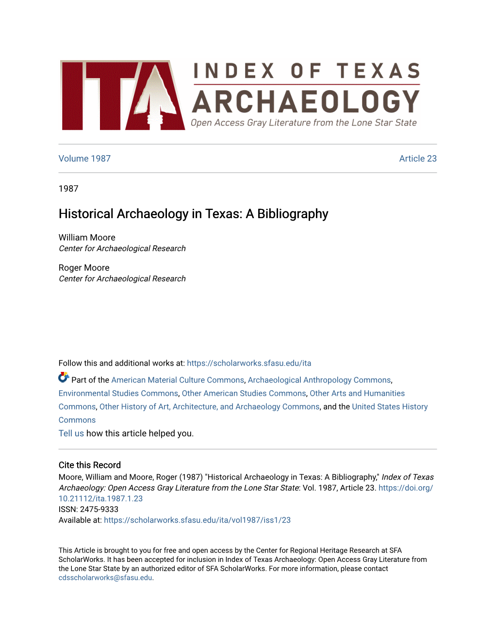 Historical Archaeology in Texas: a Bibliography