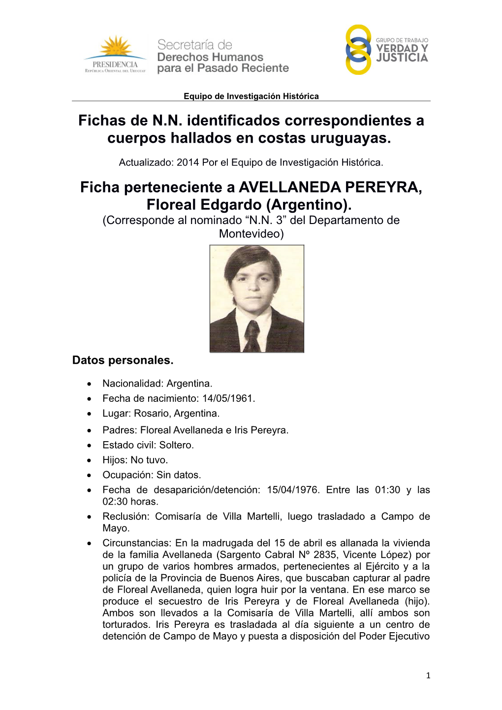 Fichas De N.N. Identificados Correspondientes a Cuerpos Hallados En Costas Uruguayas. Ficha Perteneciente a AVELLANEDA PEREYRA