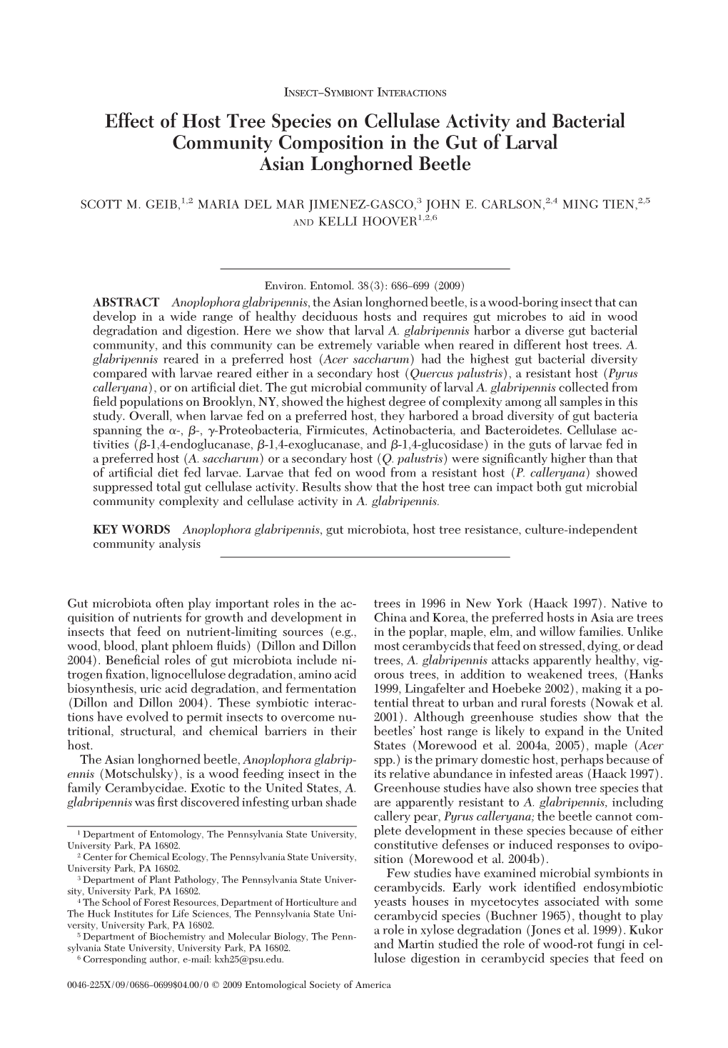 Effect of Host Tree Species on Cellulase Activity and Bacterial Community Composition in the Gut of Larval Asian Longhorned Beetle